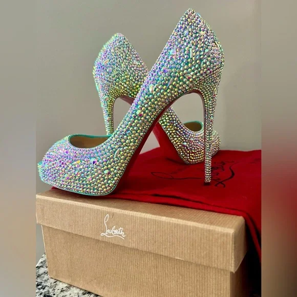 Christian Louboutin Tiffany Blue Swarovski Crystal Heels Prive 120 Size 37 or 7 - Picture 1 of 7